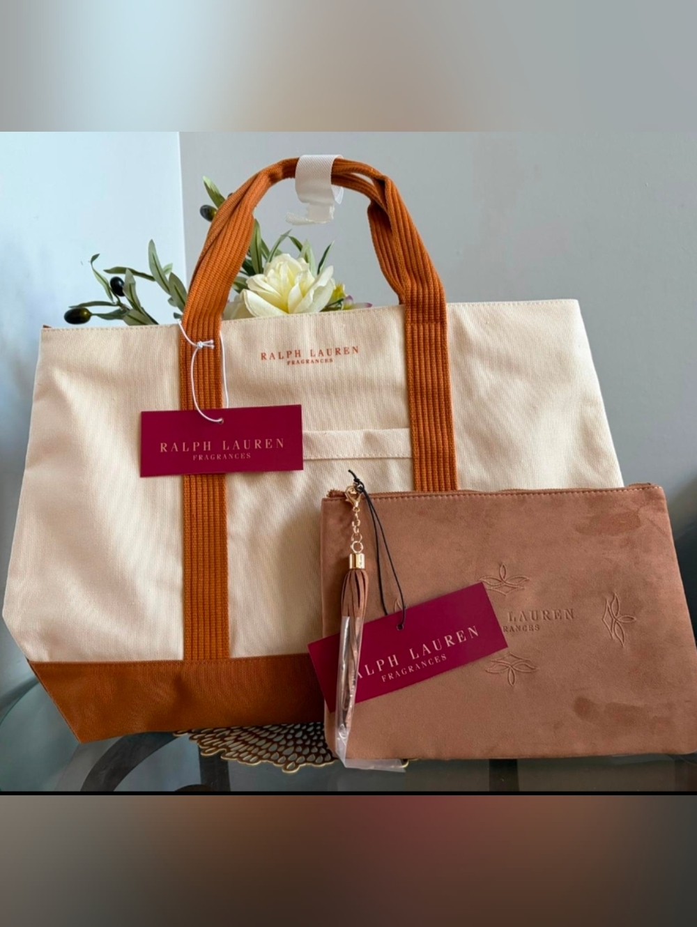 Ralph Lauren Cream Canvas Tote with Tan Pouch